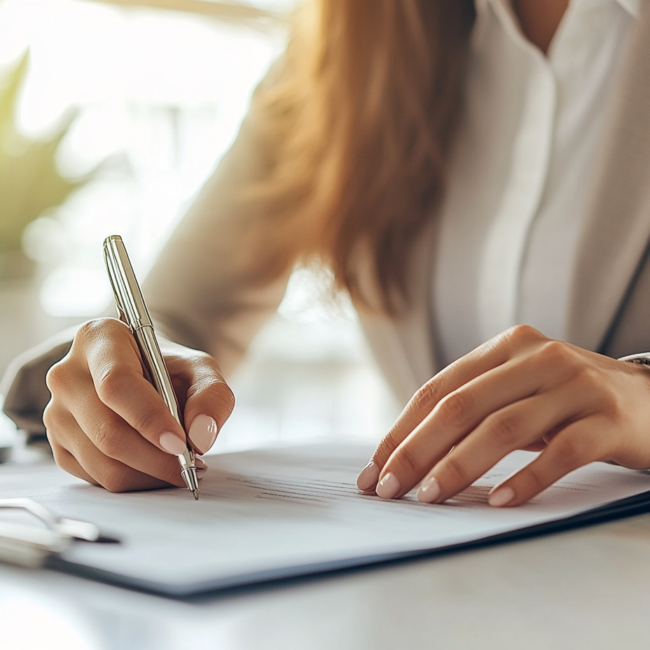 Mujer comercial inmobiliaria preparando un contrato para alquilar la propiedad de forma segura