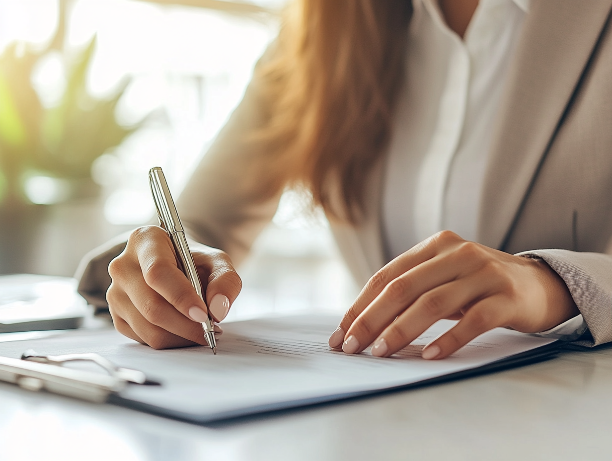 Mujer comercial inmobiliaria preparando un contrato para alquilar la propiedad de forma segura